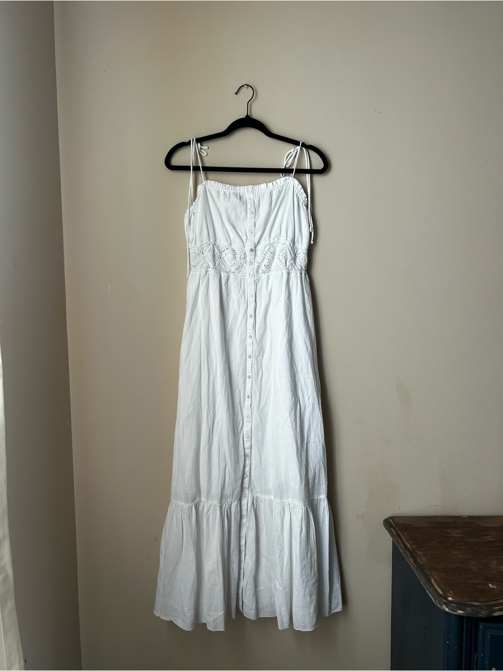 aerie White Button-Front Tie-Shoulder Maxi Dress